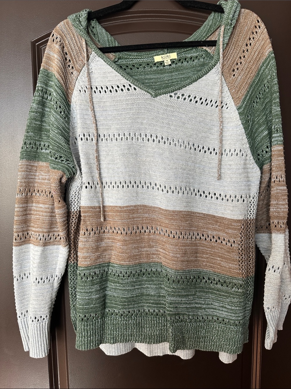 Kori Green, Cream & Tan Striped V-Neck Lightweight Sweater